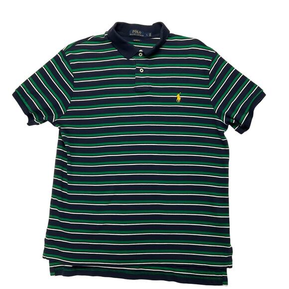RALPH LAUREN POLO Custom Fit Polo Shirt Navy Blue Green Stripe sz Large Preppy - Picture 1 of 7